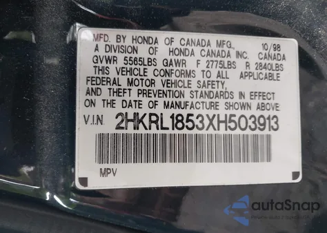 1999 Honda Odyssey Lx z USA, uszkodzony, nr VIN 2HKRL1853XH503913